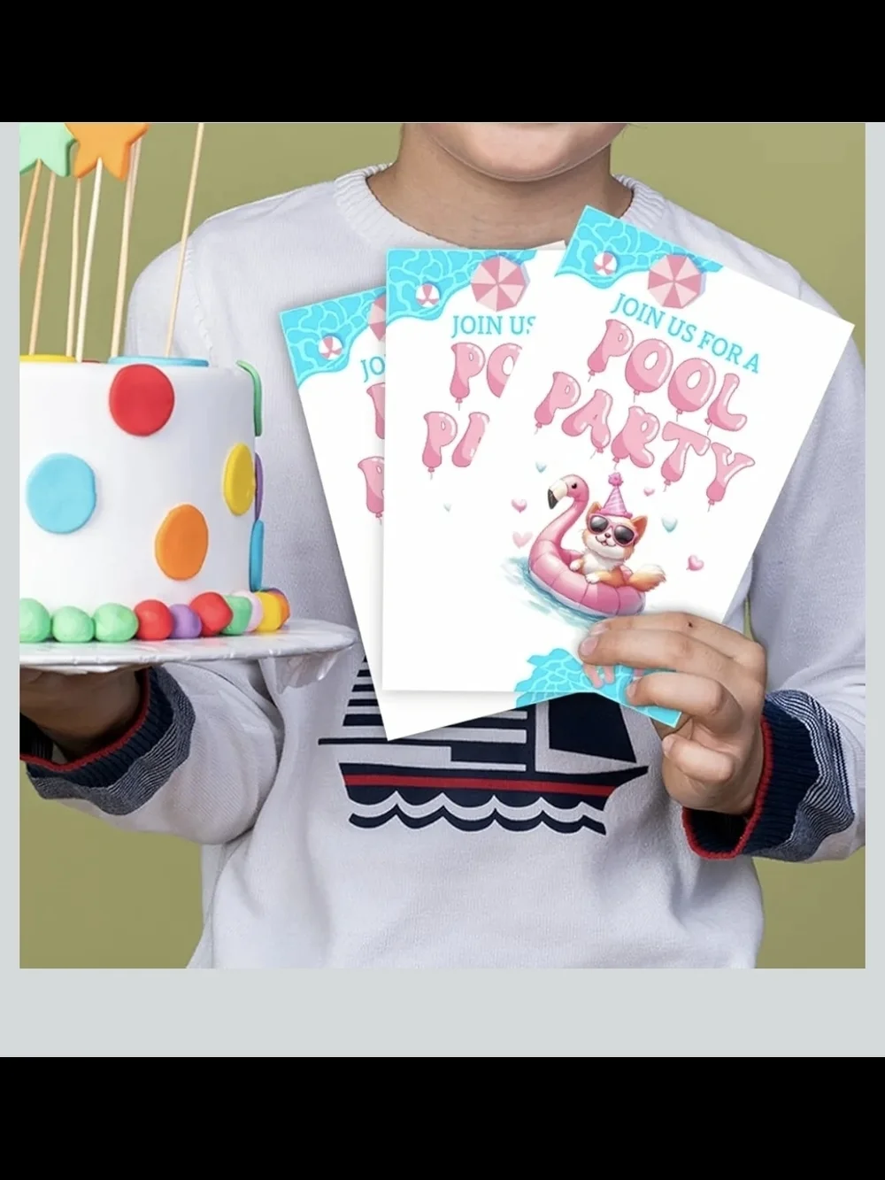 Pool Party 30 Cards & 30 Envelope Invitations Pink Flamingo Float & A Cat Summer